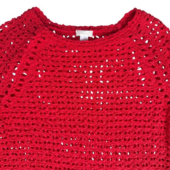 Chicos Open Knit Red Sweater Size 1 M/8 Crochet Pullover Lightweight Holiday SEE - Picture 1 of 9